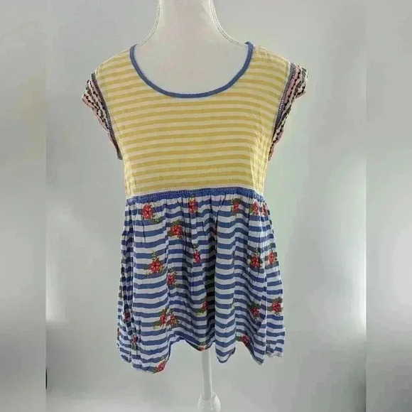 Matilda Jane Small Yellow Blue Stripe Floral Top ON MY MIND Hi Low Short Sleeve - Picture 1 of 16